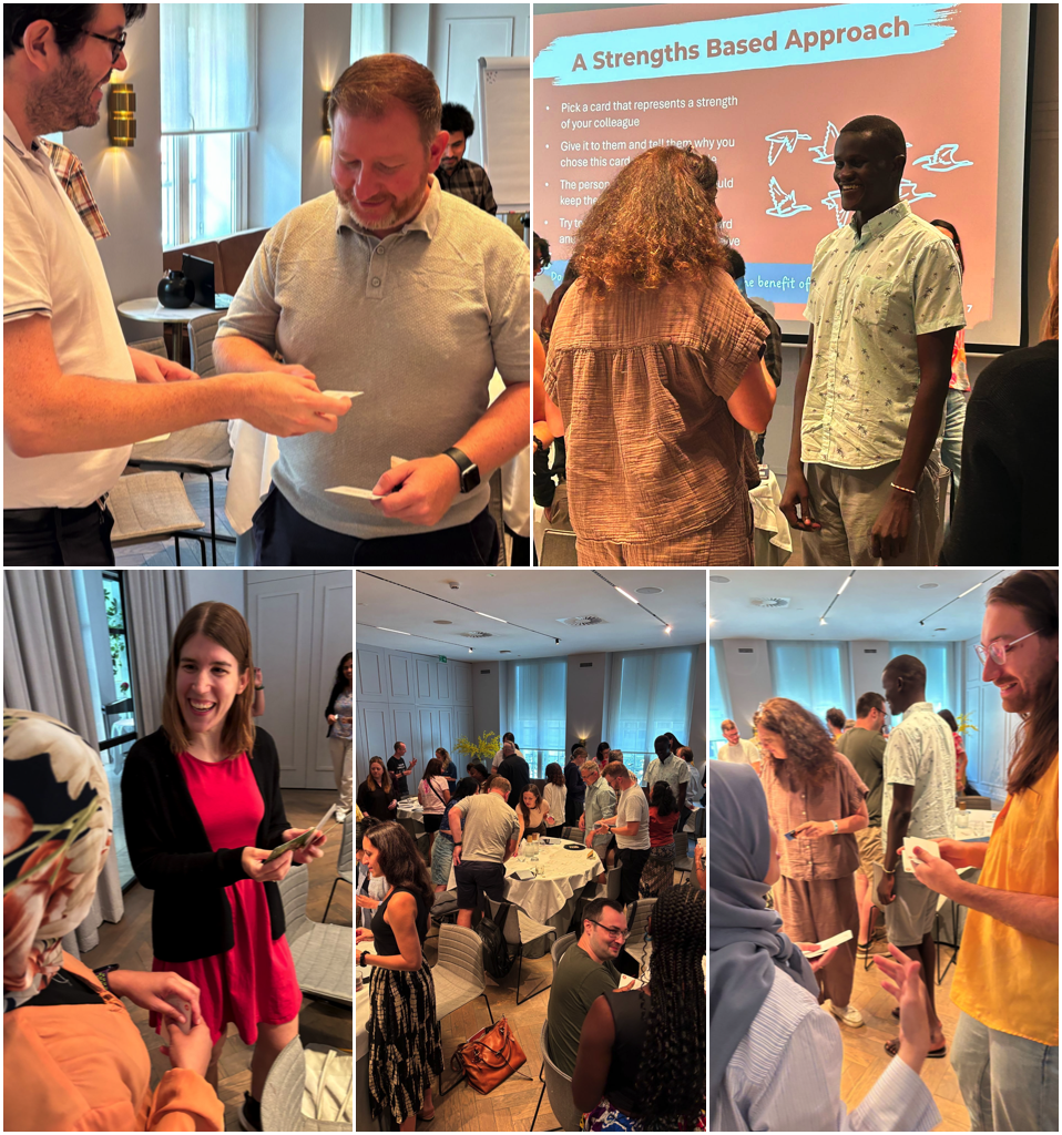A grid of five photos of containing Crossref staff talking, mingling, at tables, greeting one another.