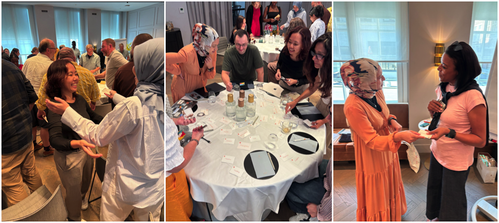 A grid of three photos of containing Crossref staff talking, mingling, at tables, greeting one another.